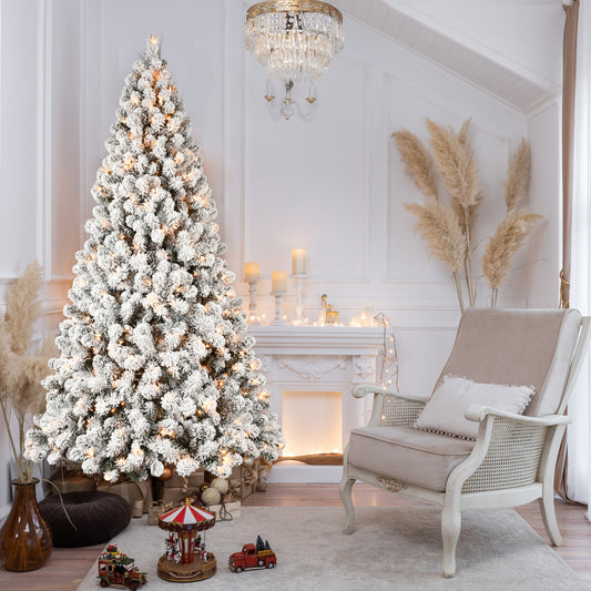 5ft Flocked Pre-Lit Christmas Tree with 200 UL Warm White Lights, 551 PVC Tips, Auto-Unfold Memory Wire, Easy Assembly & Stable Metal Stand – Snowy Holiday Decor