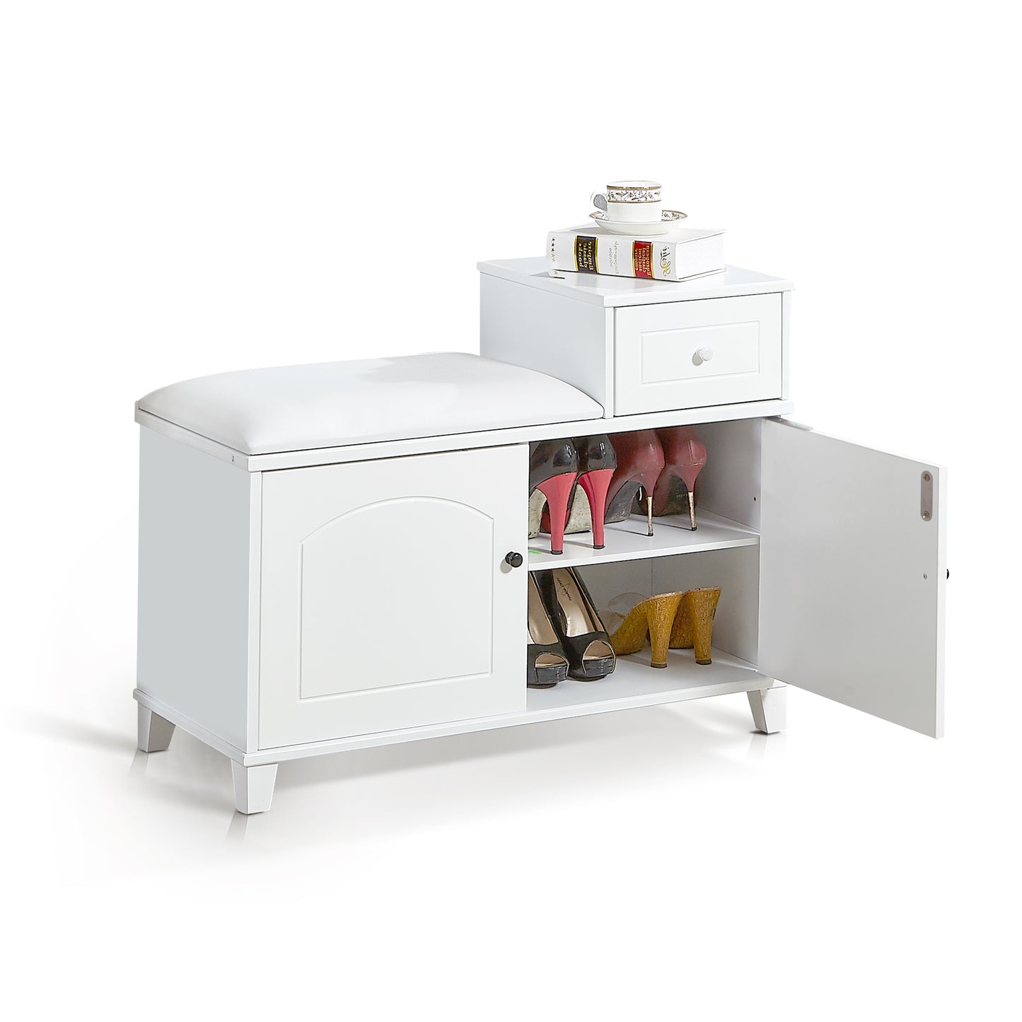 White Shoe Storage Bench Cabinet with Fireproof PU Cushion, Double Doors and Movable Drawer Wood for Door Entrance