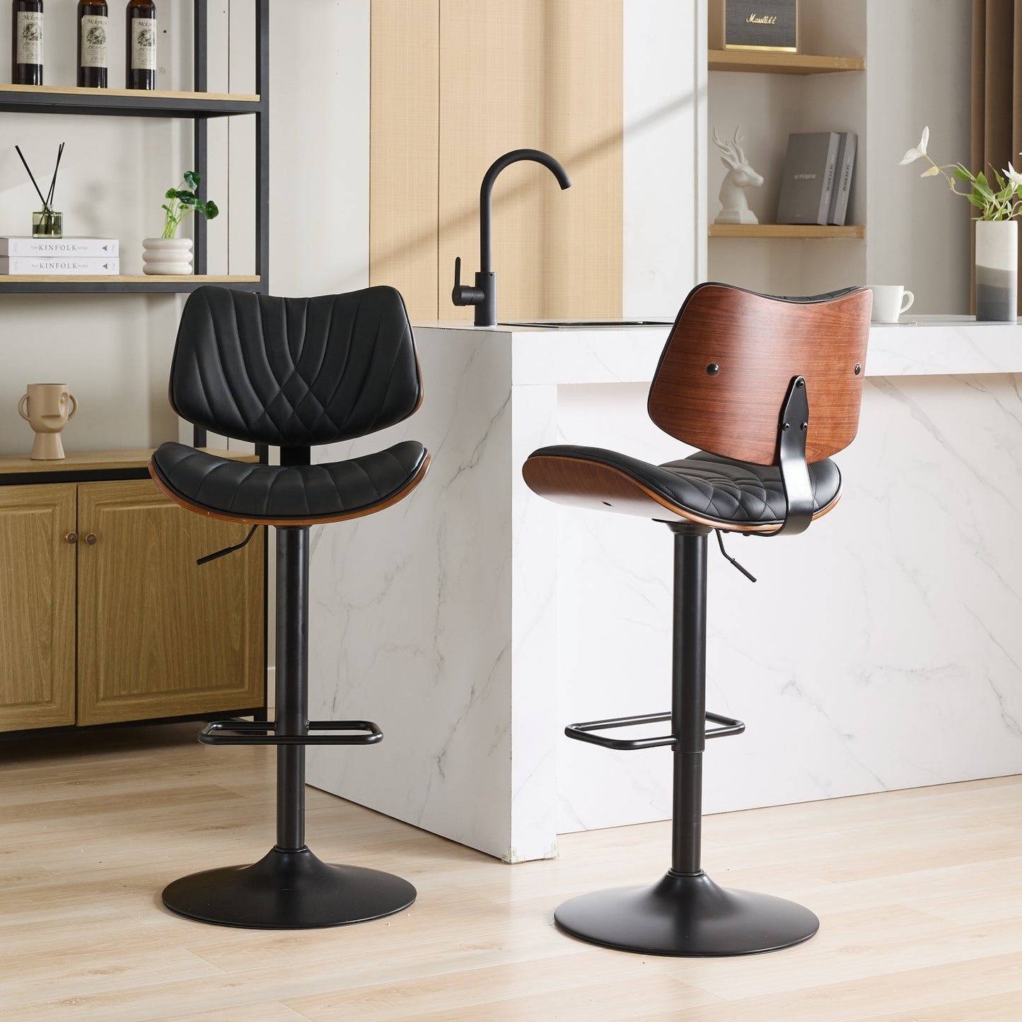 Walnut Bentwood Bar Stools Mid Century Modern Adjustable Counter Height Black Leather Upholstered 360°Swivel Bar Chairs for Kitchen Island/Dining Room/Cafe, 1 chair/1carton,Black