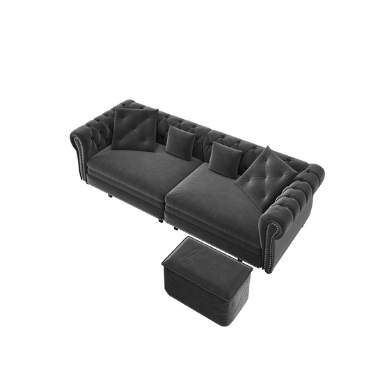 89 ' W 3-in-1 Pull-Out Sofa Bed, Convertible Sleeper Sofa Bed,King Size Sofa Bed, Chaise Lounge,Velvet Tthree Seater Sofa with Movable Ottoman,  Tufted Design. Suitable for Living Rooms and Offices
