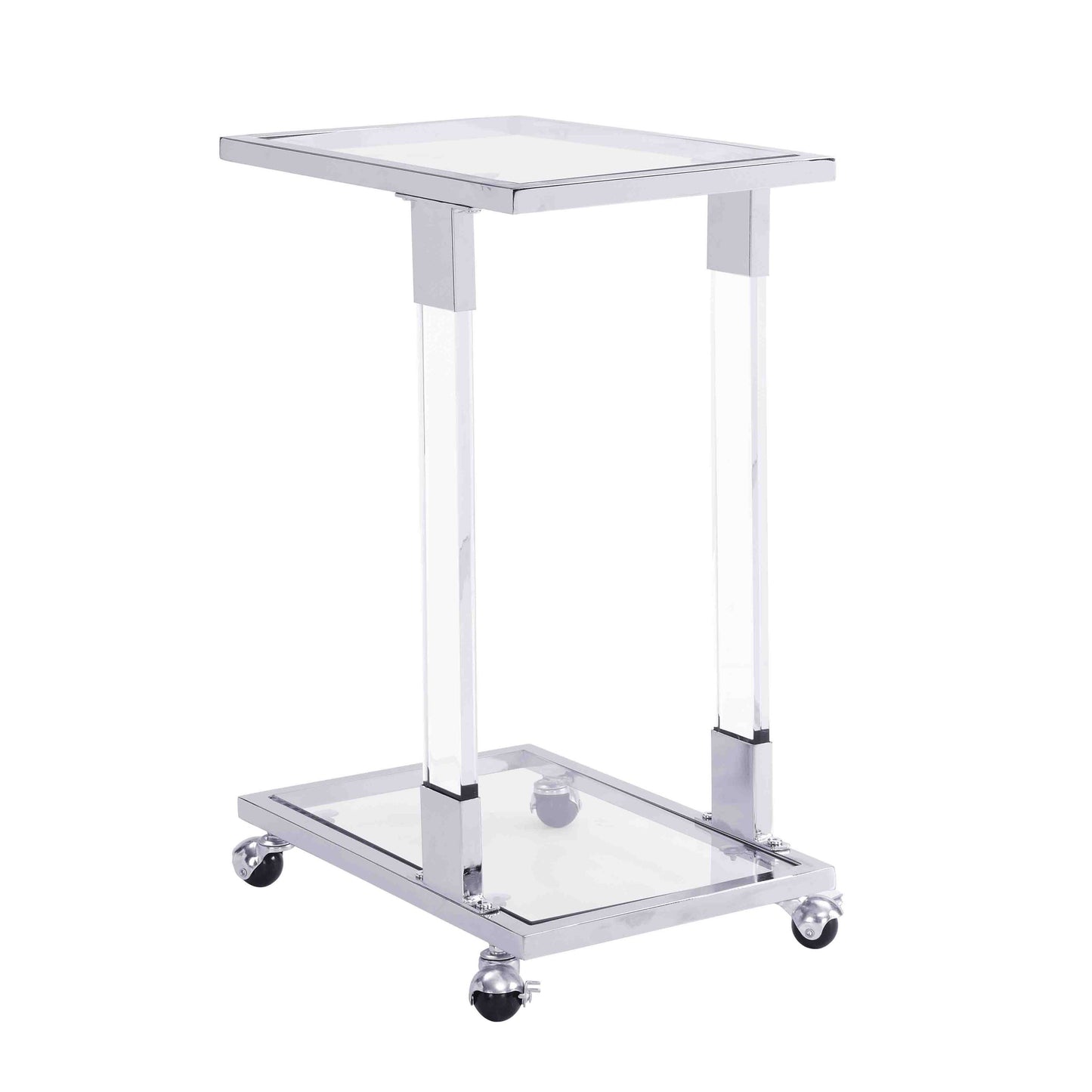 W82153573 Mesa auxiliar de vidrio cromado, mesa auxiliar de acrílico, mesa cuadrada con tapa de vidrio en forma de C con base de metal para sala de estar, dormitorio, balcón, hogar y oficina