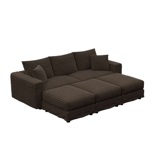 82.7 ' Plush Corduroy 3-Seat Sofa, Modern Comfy Upholstered Sofa Cloud Couch, Deep Seat Couches with Soft Pillows and 3 Ottomans, Convertible Sofa Lounge Chair, for Living Room,Apartment,Office,Camel