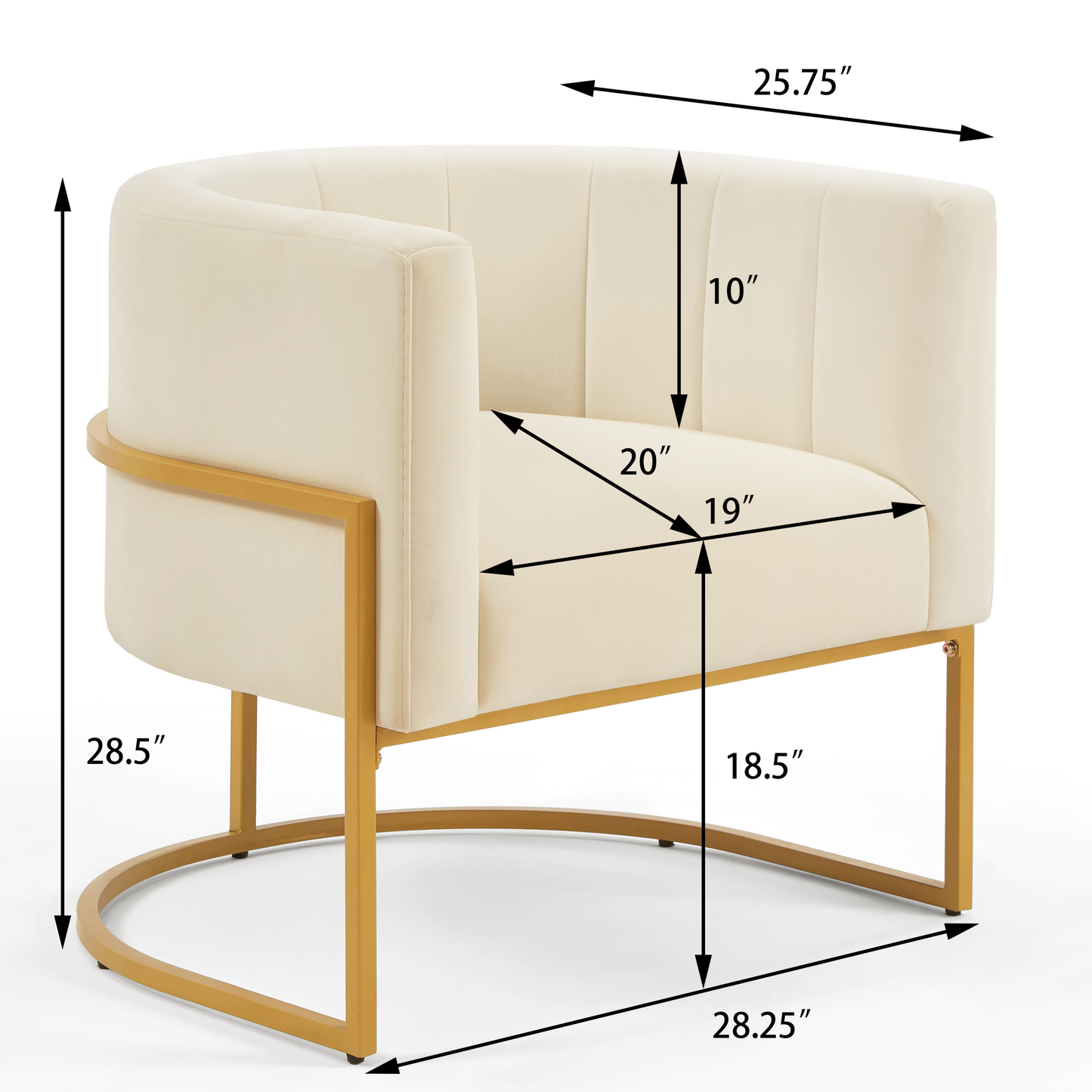 Silla tapizada de terciopelo con soporte de metal dorado,Silla de ocio para sala de estar de mediados de siglo con respaldo curvo -Crema