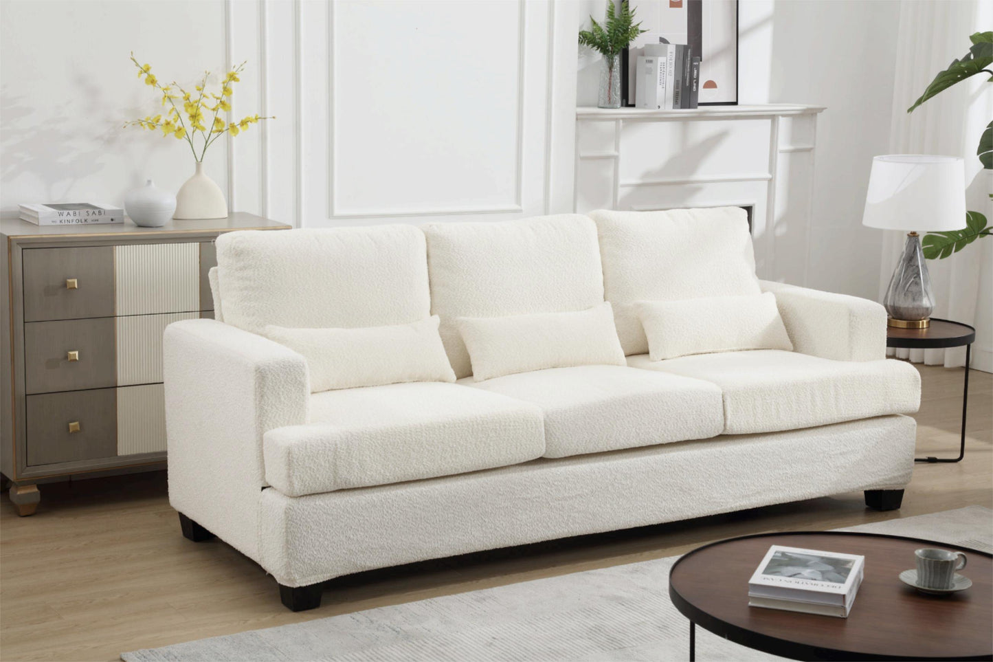 [VIDEO PROVIDED] 88.4" Length Modern Sofas Couches for Living Room, Sofas & couches with Square Armrest, Removable back Cushion and 3pcs waist pillow  (White&Gray Fabric)