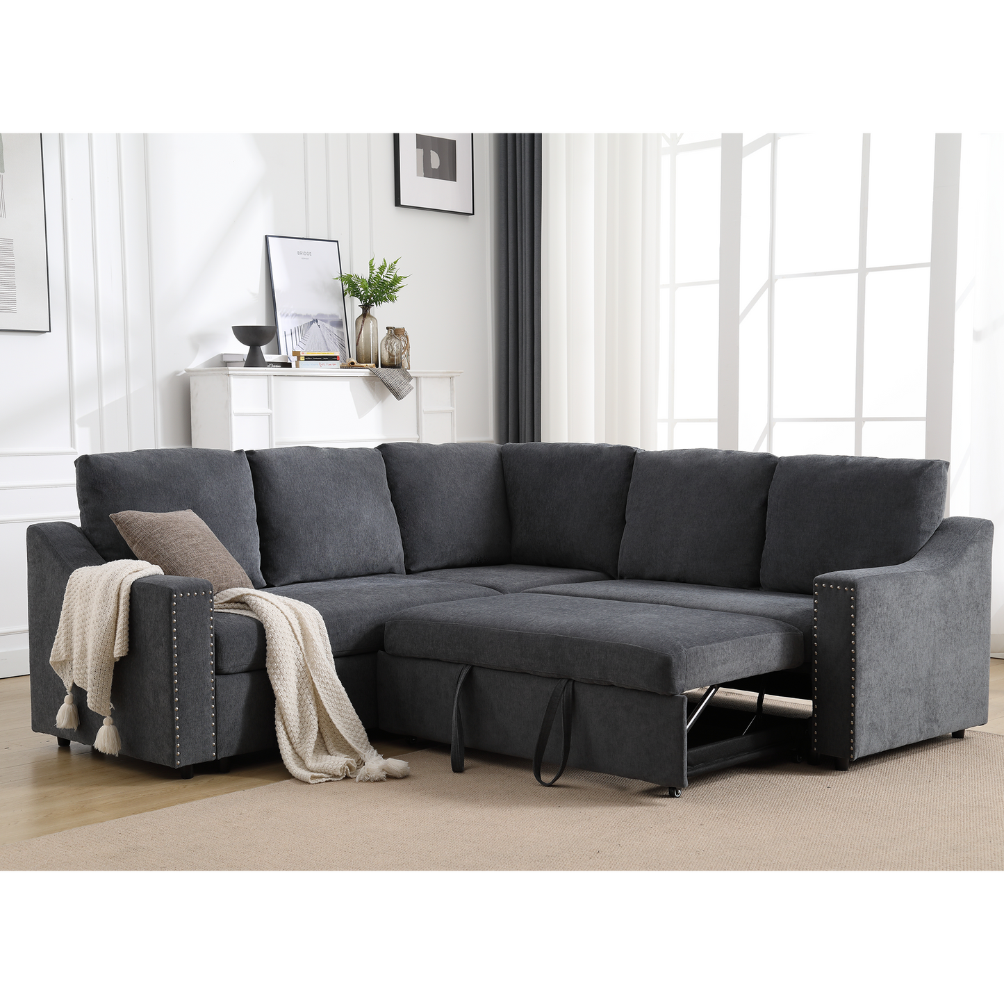 [NEW ARRIVED] [VIDEO PROVIDED]L-shaped sofa with pull-out sofa bed, Corner Sofa,comfortable living room furniture set, sleeper sofa bed,Corner seat for two with broaching sofa,Rivet DeChenille,Gray