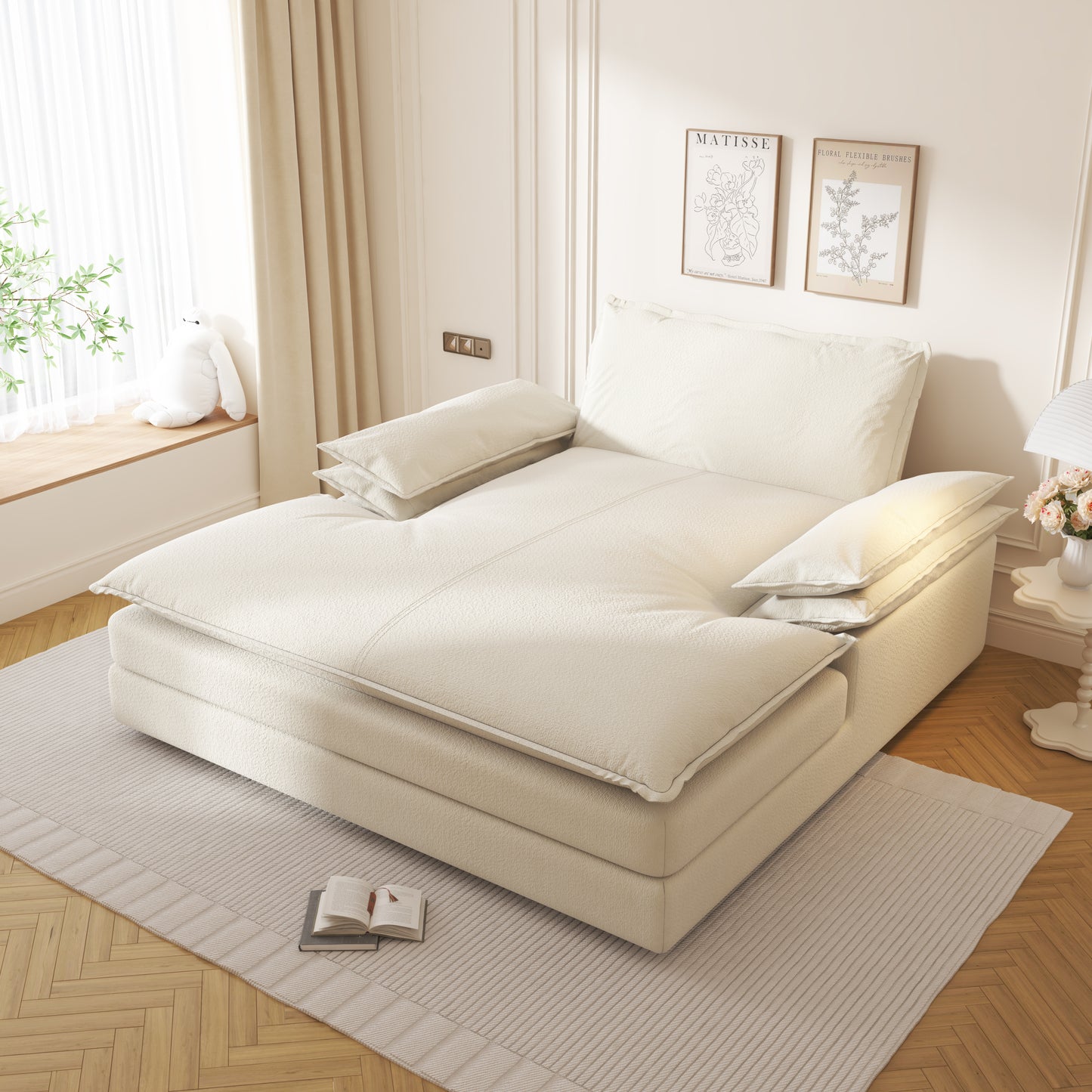 Modern Oversized Double Chaise Lounge Chair,Deep Seat Upholstered Reading Chair with Detachable Design,Chenille Lazy Sofa w/ Large Pillows & Wide Armrests,Suitable for Living Rooms, Apartments,Beige
