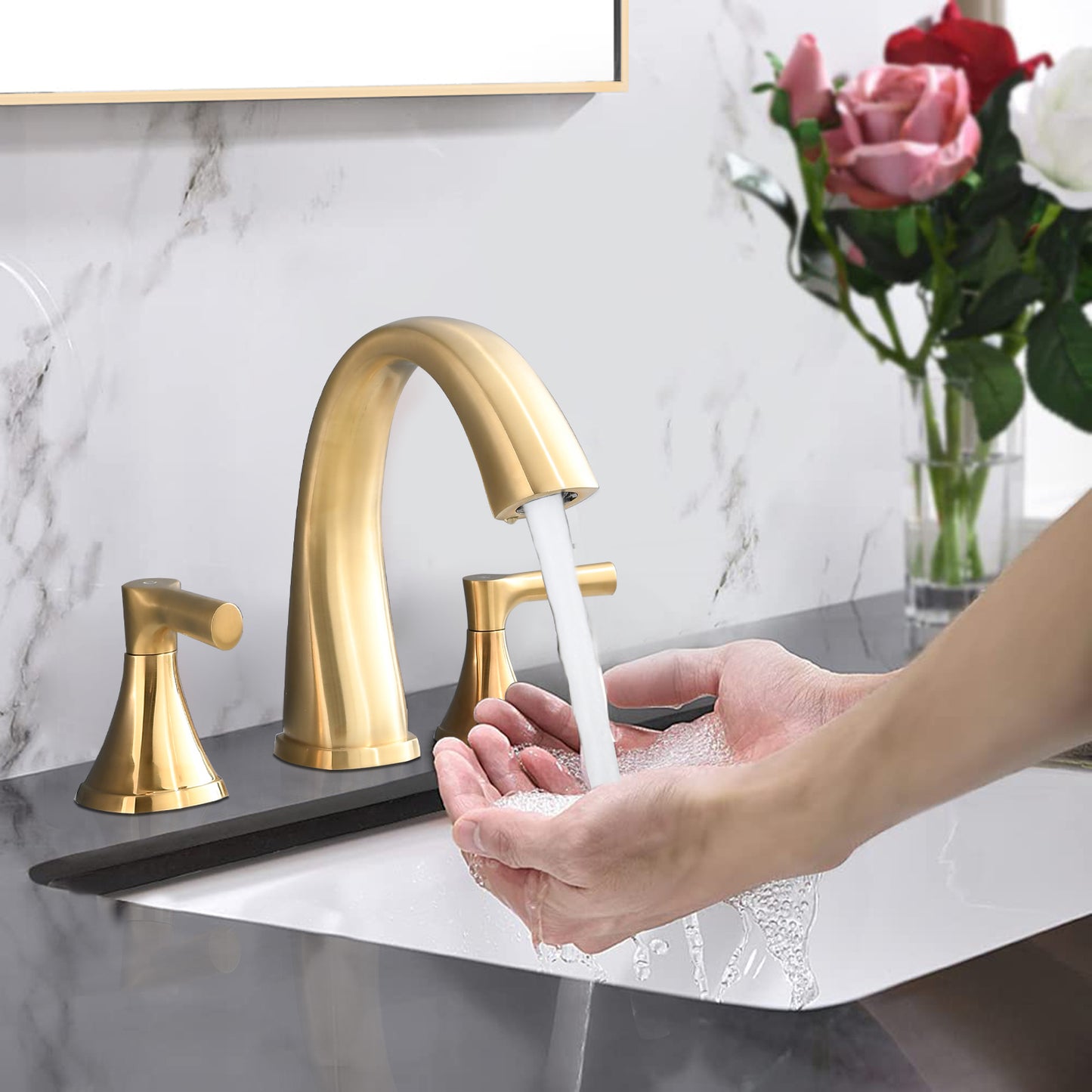 Widespread Bathroom Sink Faucets Two Handle 3 Hole Vanity Bath Faucet  with Drain Assembly (Brushed Golden)