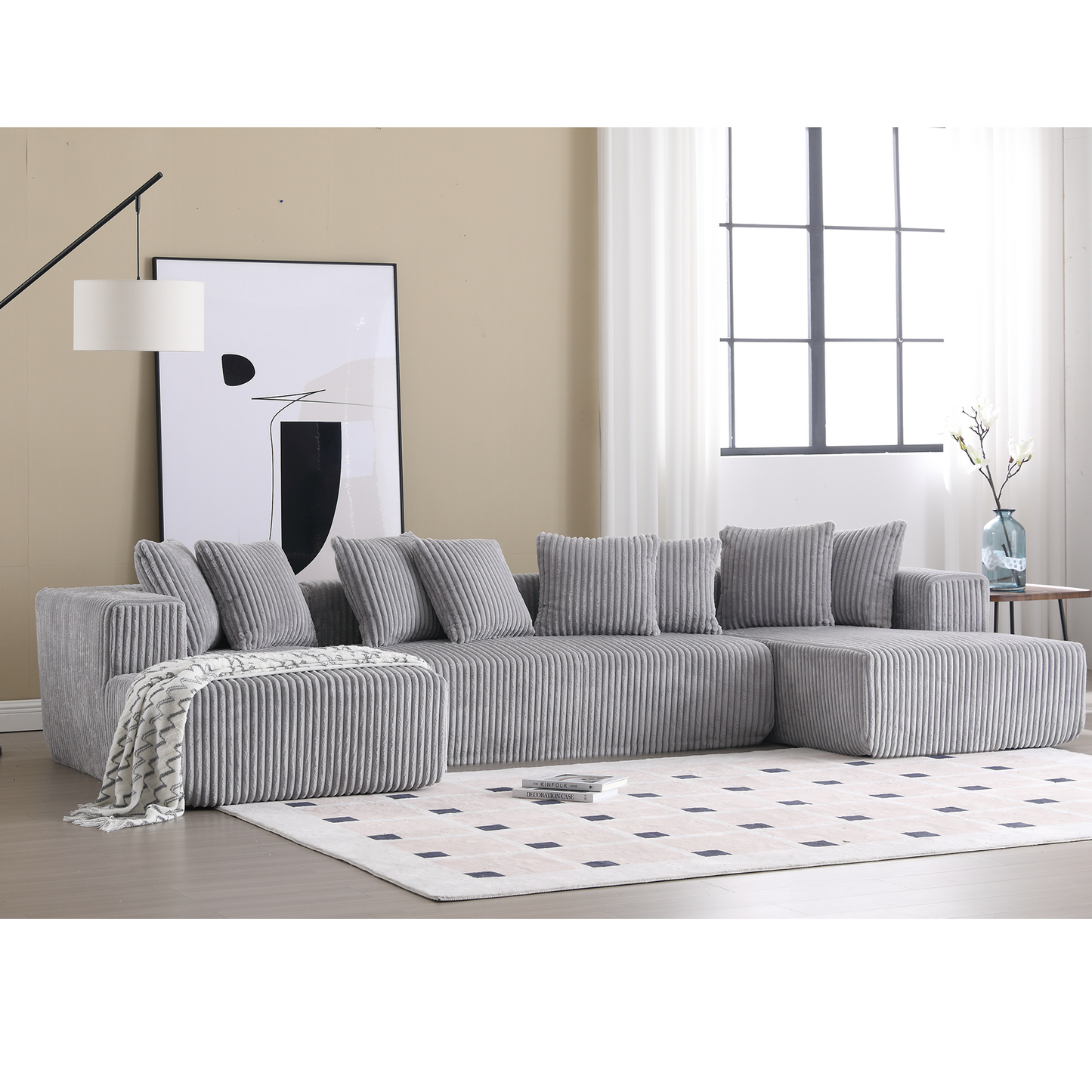 [NEW ARRIVED] [VIDEO PROVIDED]131'' Modular Sectional Couch, U-shaped sofa , Chaise Lounge, Striped fabric,Upholstered 4 Seater Couch for Living Room, Bedroom, Free Combination Sofa (Corduroy), Gray