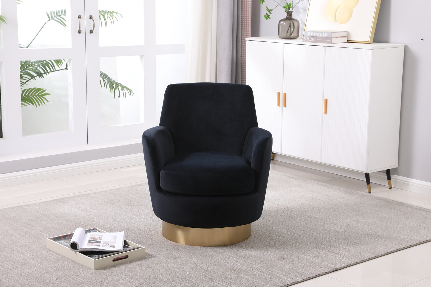 Velvet Swivel Barrel Chair, Swivel Accent Chairs Armchair for Living Room, Reading Chairs for Bedroom Comfy, Round Barrel Chairs with Gold Stainless Steel Base (Black)