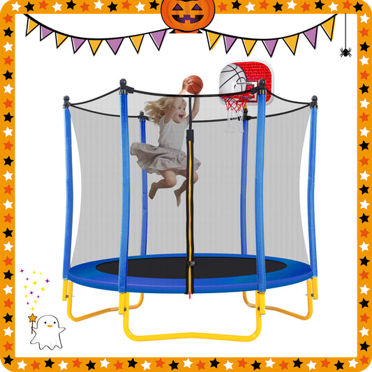 5.5FT Trampoline for Kids - 65' Outdoor & Indoor Mini Toddler Trampoline with Enclosure, Basketball Hoop and Ball Included
