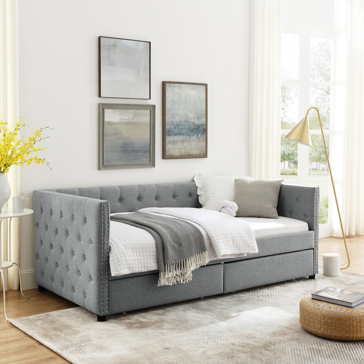 Upholstered Twin Size Daybed with Two Drawers, with Button and Copper Nail on Square Arms, Grey (82.75''x43''x30.75'')