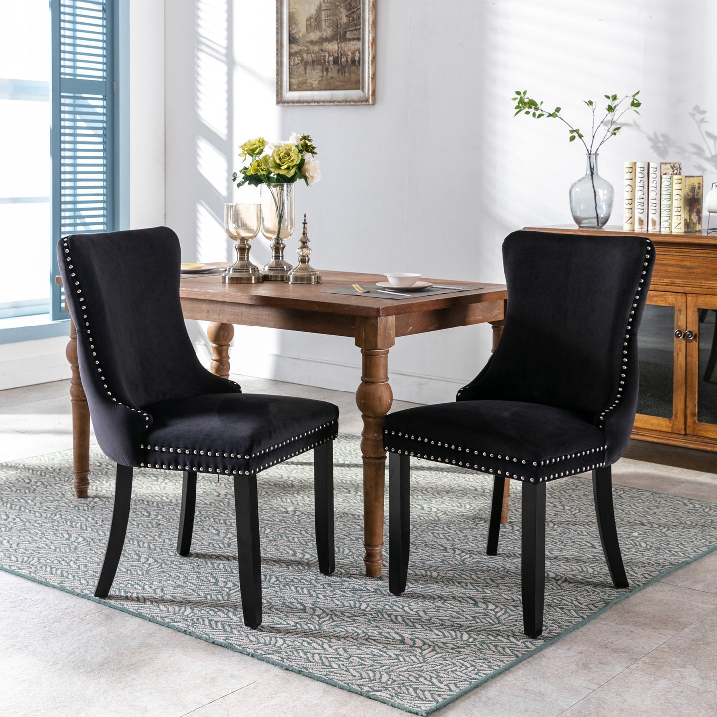 Silla de comedor tapizada con respaldo de orejas, ribete de clavos con pespuntes y patas de madera maciza, juego de 2, negro, SW8809BK, KD