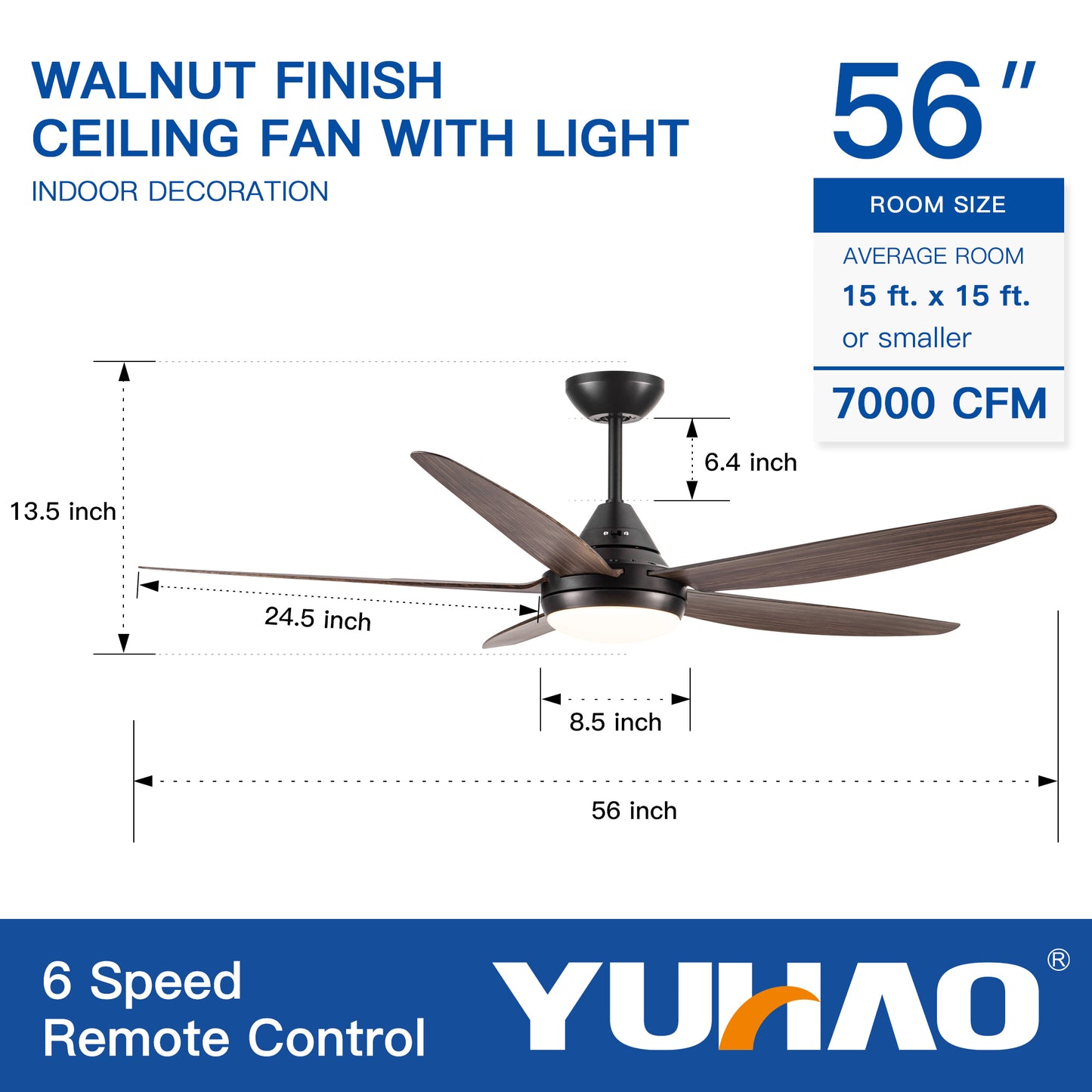 YUHAO 56 In Intergrated LED Ceiling Fan Lighting with Brown Wood Grain ABS Blade