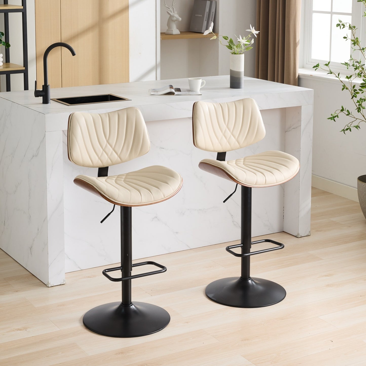 Taburetes de bar de madera curvada de nogal de mediados de siglo, sillas de bar giratorias de 360° tapizadas en cuero negro con altura ajustable para isla de cocina/comedor/café, 1 silla/1 caja,Beige