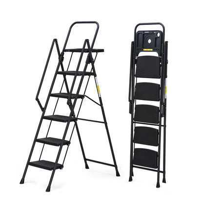 5-step ladder, foldable step stool with tool tray and wide non slip pedals, sturdy steel ladder, convenient handrails, lightweight portable steel step stool