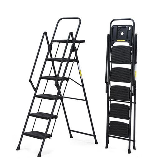 5-step ladder, foldable step stool with tool tray and wide non slip pedals, sturdy steel ladder, convenient handrails, lightweight portable steel step stool