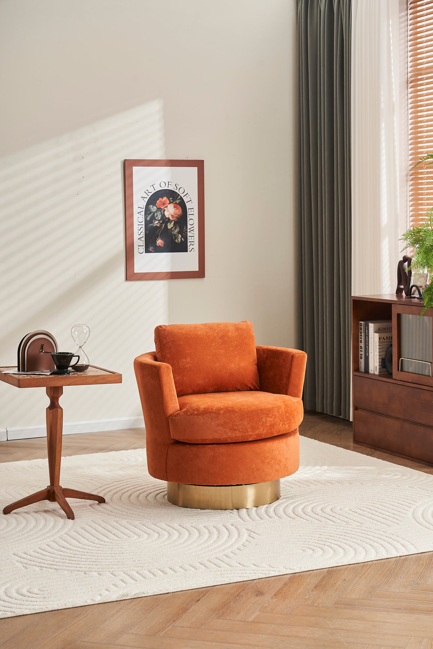 Velvet Swivel Barrel Chair, Swivel Accent Chairs Armchair for Living Room, Reading Chairs for Bedroom Comfy, Round Barrel Chairs with Gold Stainless Steel Base (Orange)