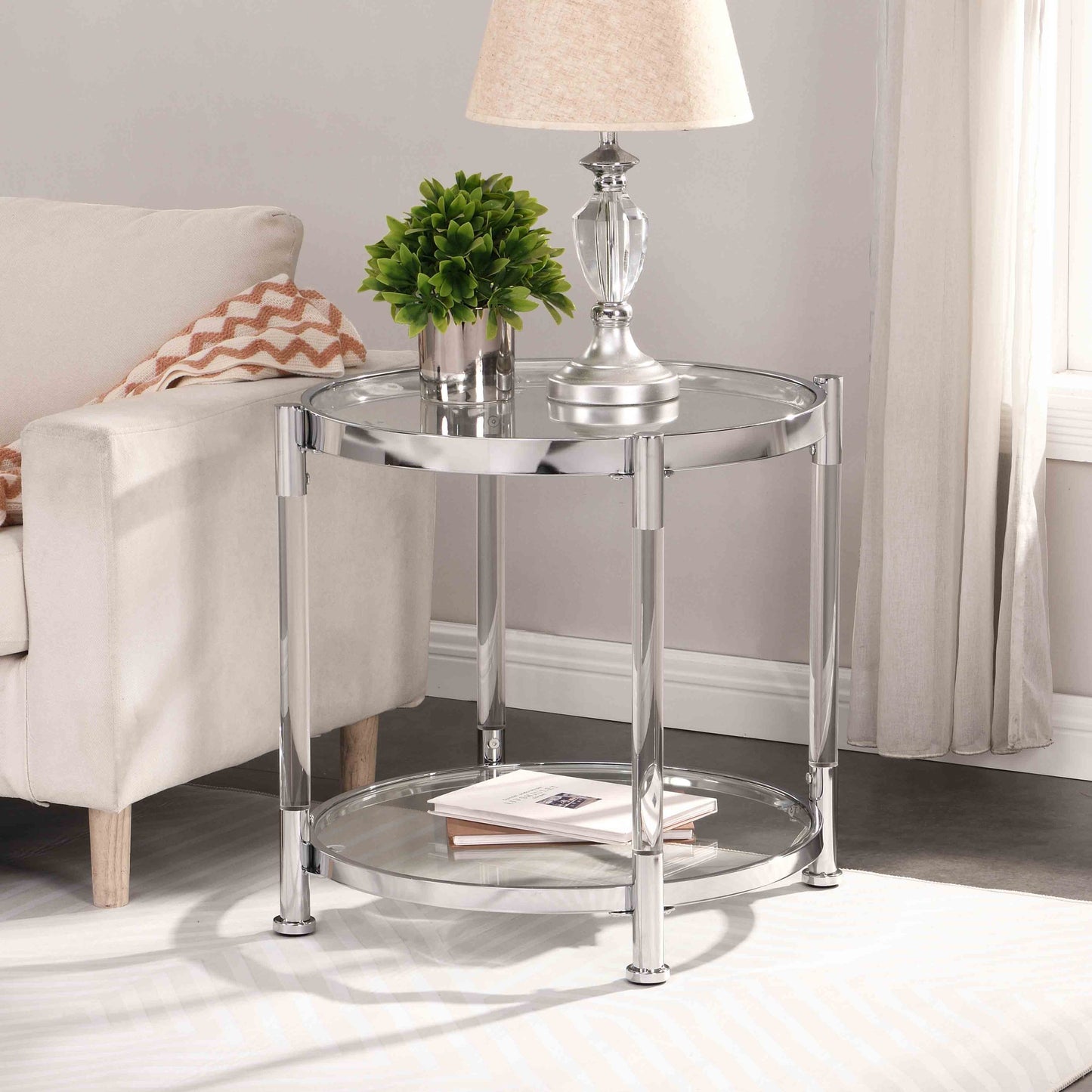 W82153571  Contemporary Acrylic End Table, Side Table with Tempered Glass Top, Chrome/Silver End Table for Living Room&Bedroom