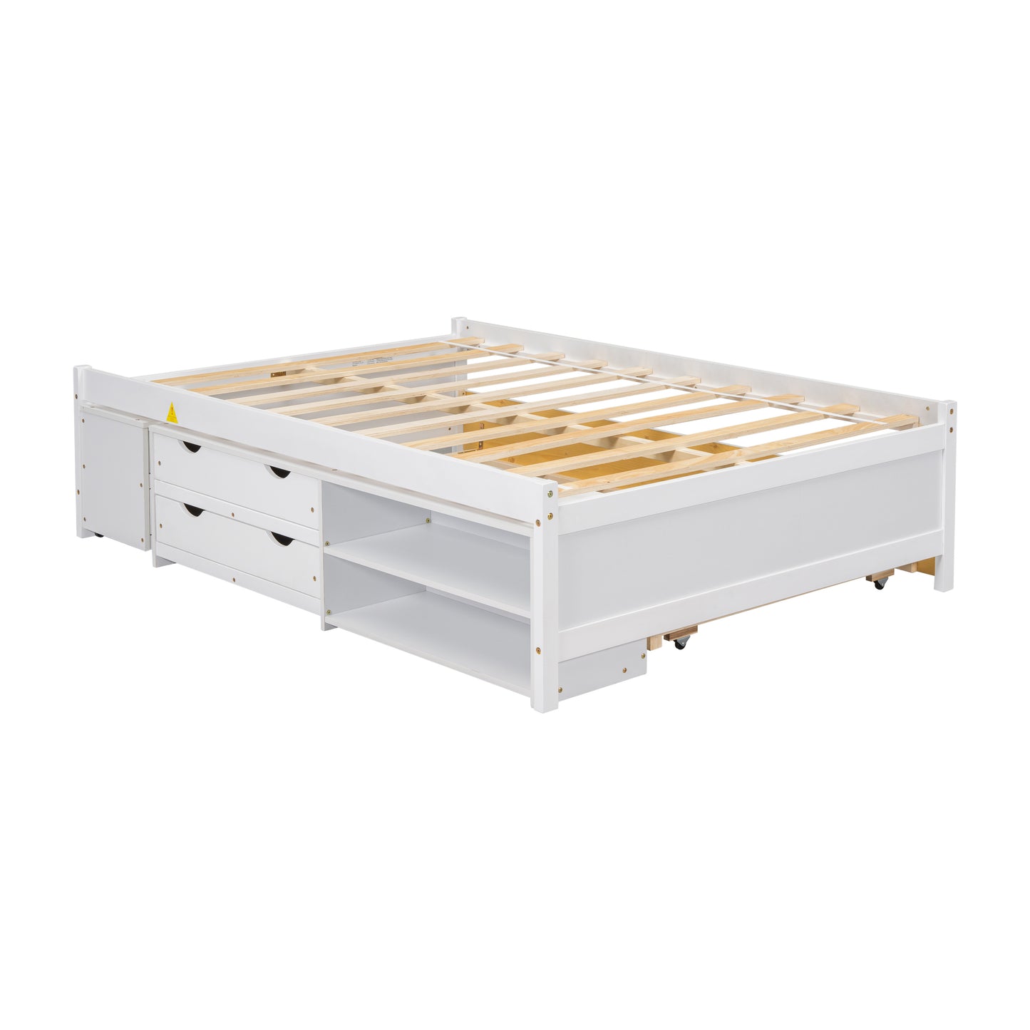 Cama completa versátil con nido, caja de almacenamiento debajo de la cama y mesita de noche. Blanco