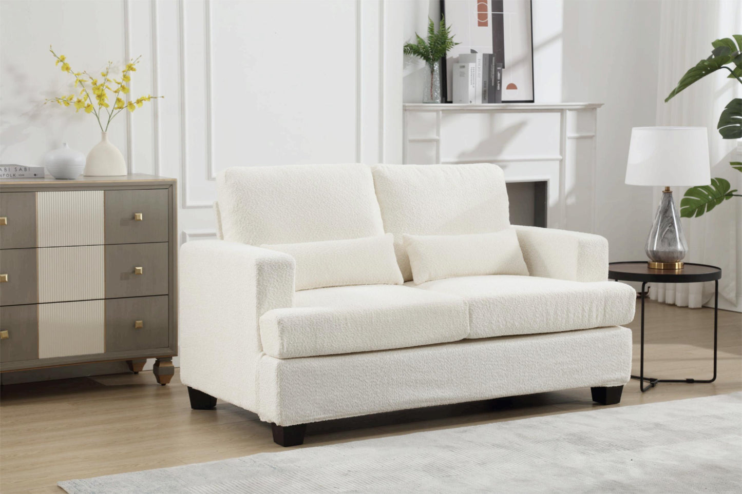 [VIDEO PROVIDED] 63" Length Modern Loveseat for Living Room, Sofas & couches with Square Armrest, Removable back Cushion and 2pcs waist pillow  (White&Gray Fabric)