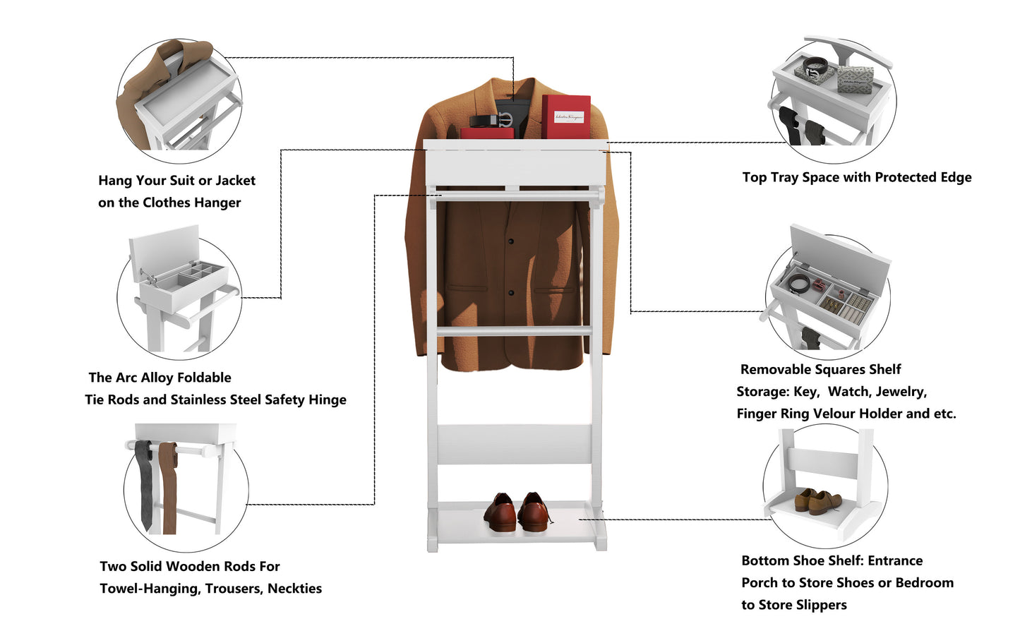 White Portable Garment Rack,Clothes Valet Stand with Storage Organizer