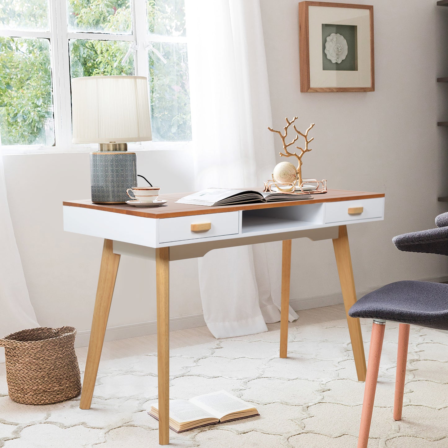 Mesa de madera del ordenador del escritorio del tocador del maquillaje del tocador del tocador con el panel superior de madera sólida