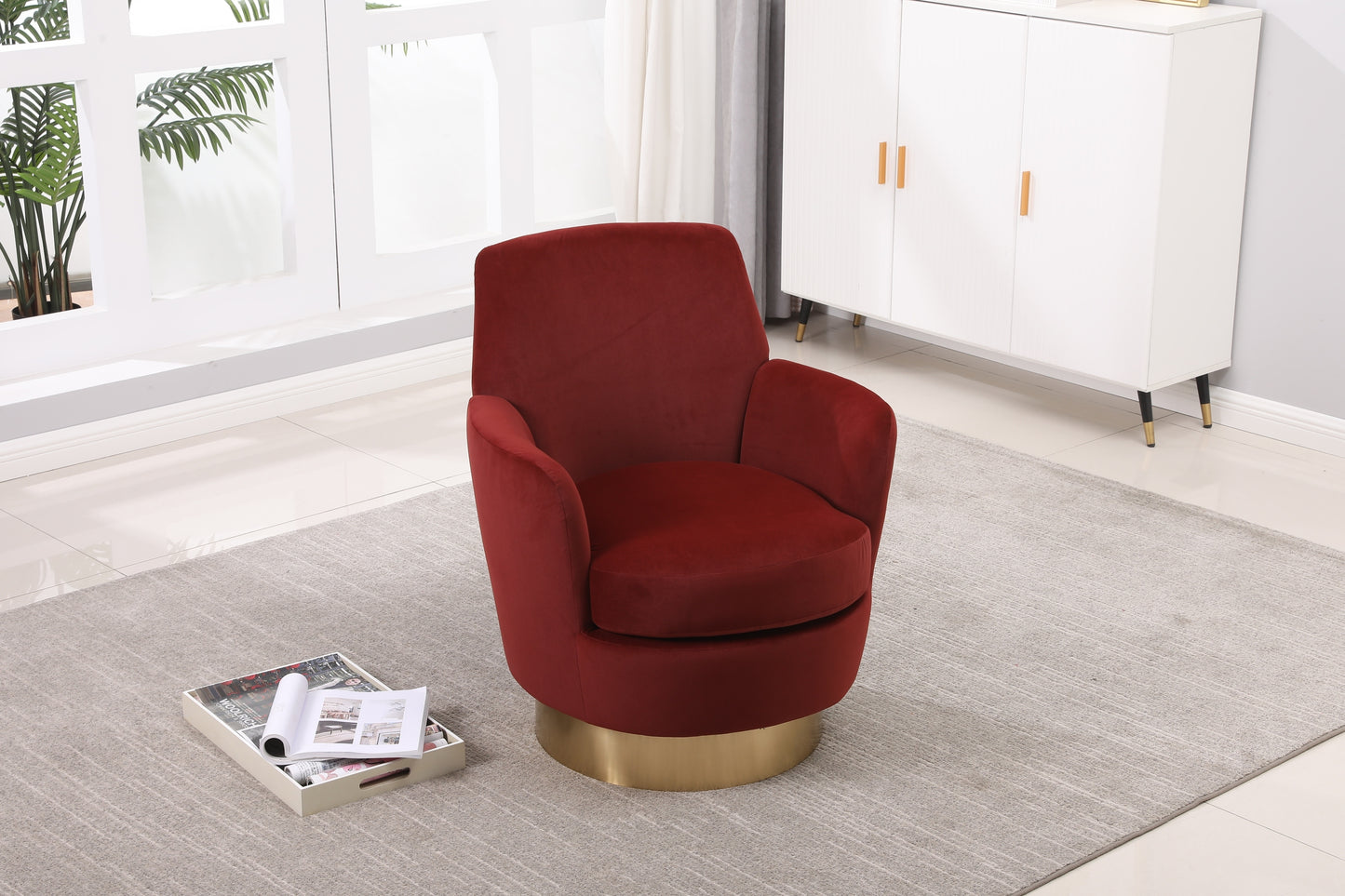 Velvet Swivel Barrel Chair, Swivel Accent Chairs Armchair for Living Room, Reading Chairs for Bedroom Comfy, Round Barrel Chairs with Gold Stainless Steel Base (Brownish red)