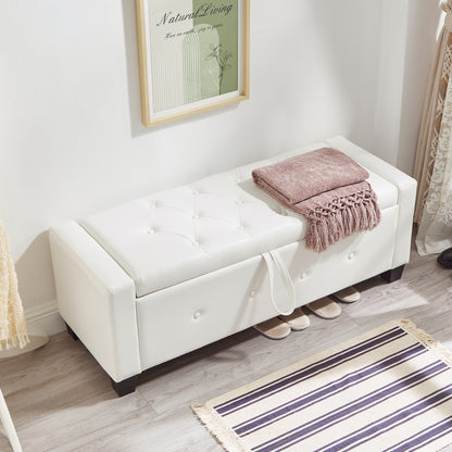 48' Ottoman Bench with Storage, Bench for Bedroom,Living Room,Hallway, Upholstered Tufted Faux Leather PU Ottoman Ivory White