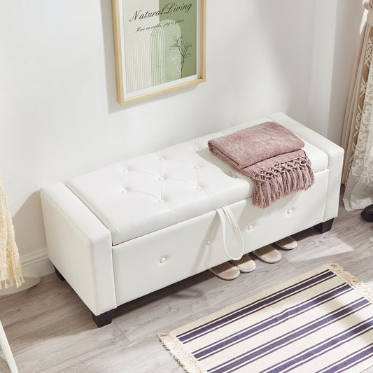 48' Ottoman Bench with Storage, Bench for Bedroom,Living Room,Hallway, Upholstered Tufted Faux Leather PU Ottoman Ivory White