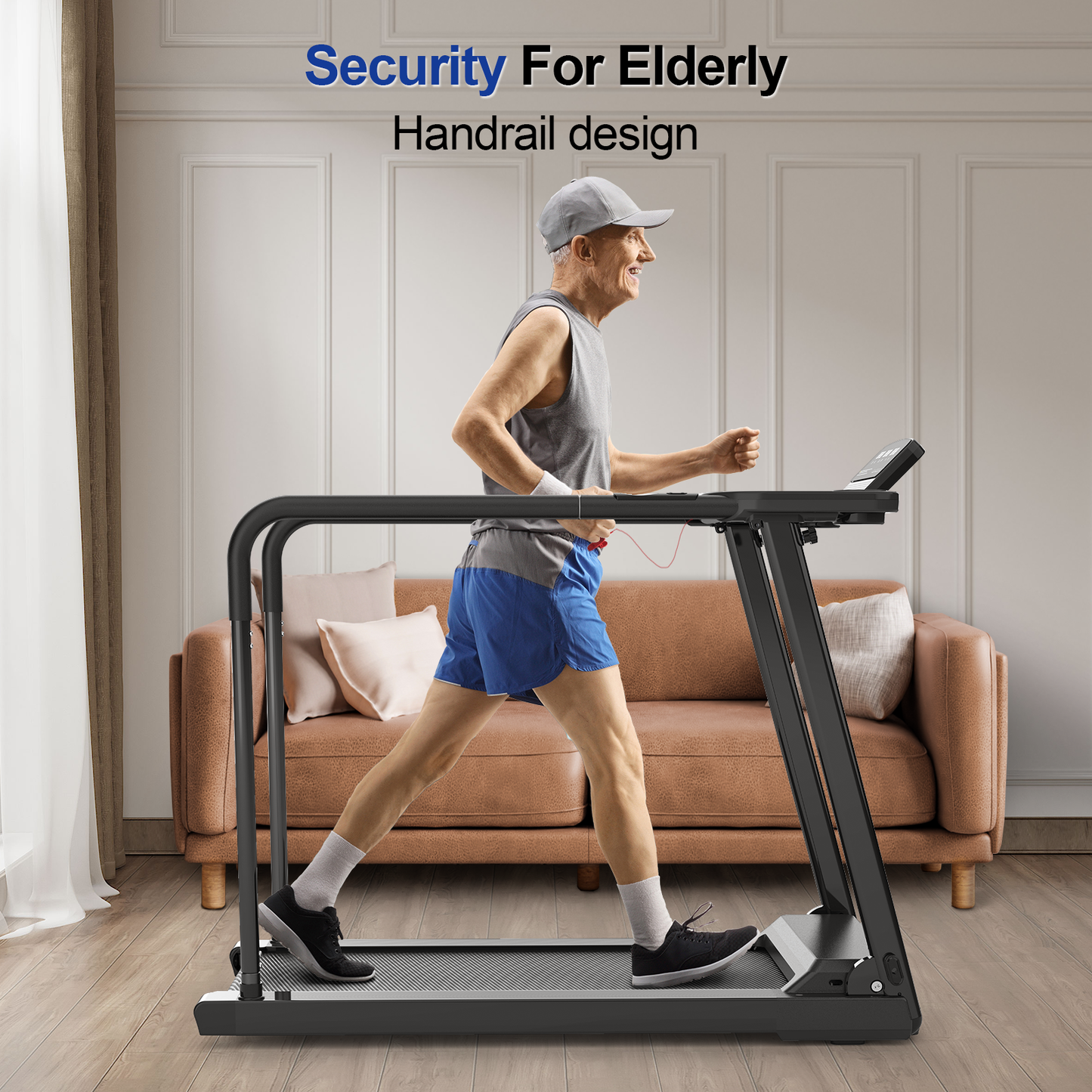 Walking Pad Treadmill for Senior, Foldable Exercise Treadmill with Stable and Safe Structural Design, Large LED Display for Elderly, Long Handrail for Balance, 300 Lbs Capacity