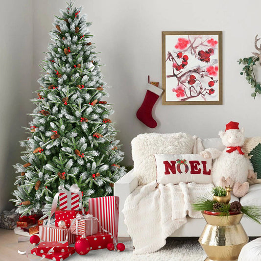 5FT Christmas Tree with 1131 Tips, Red Berries & Pine Cones – Snow-Dusted PE+PVC Branches, Hinged Design for Easy Setup, Sturdy Metal Stand – Full, Natural Holiday Tree Decoration