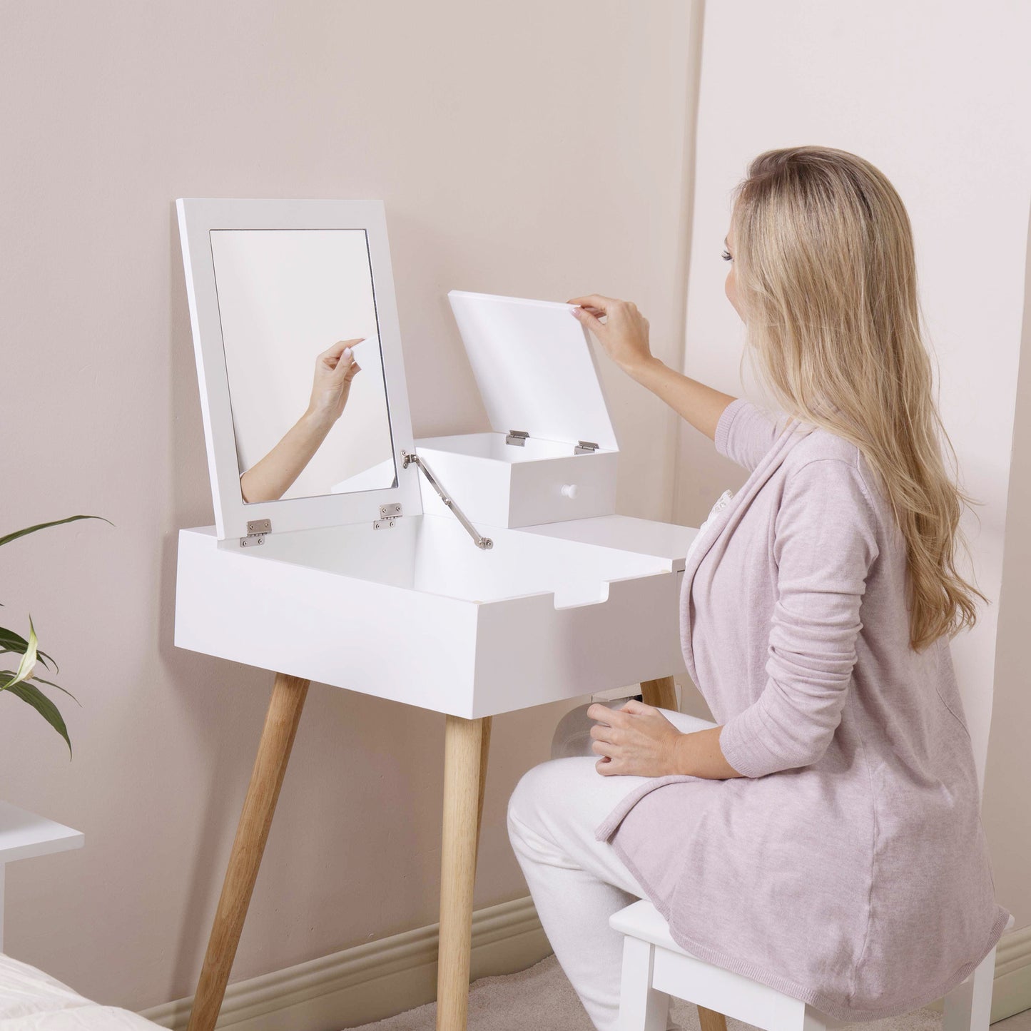 Escritorio de tocador de madera con tapa abatible, espejo, mesa de escritura, escritorio para ordenador, blanco