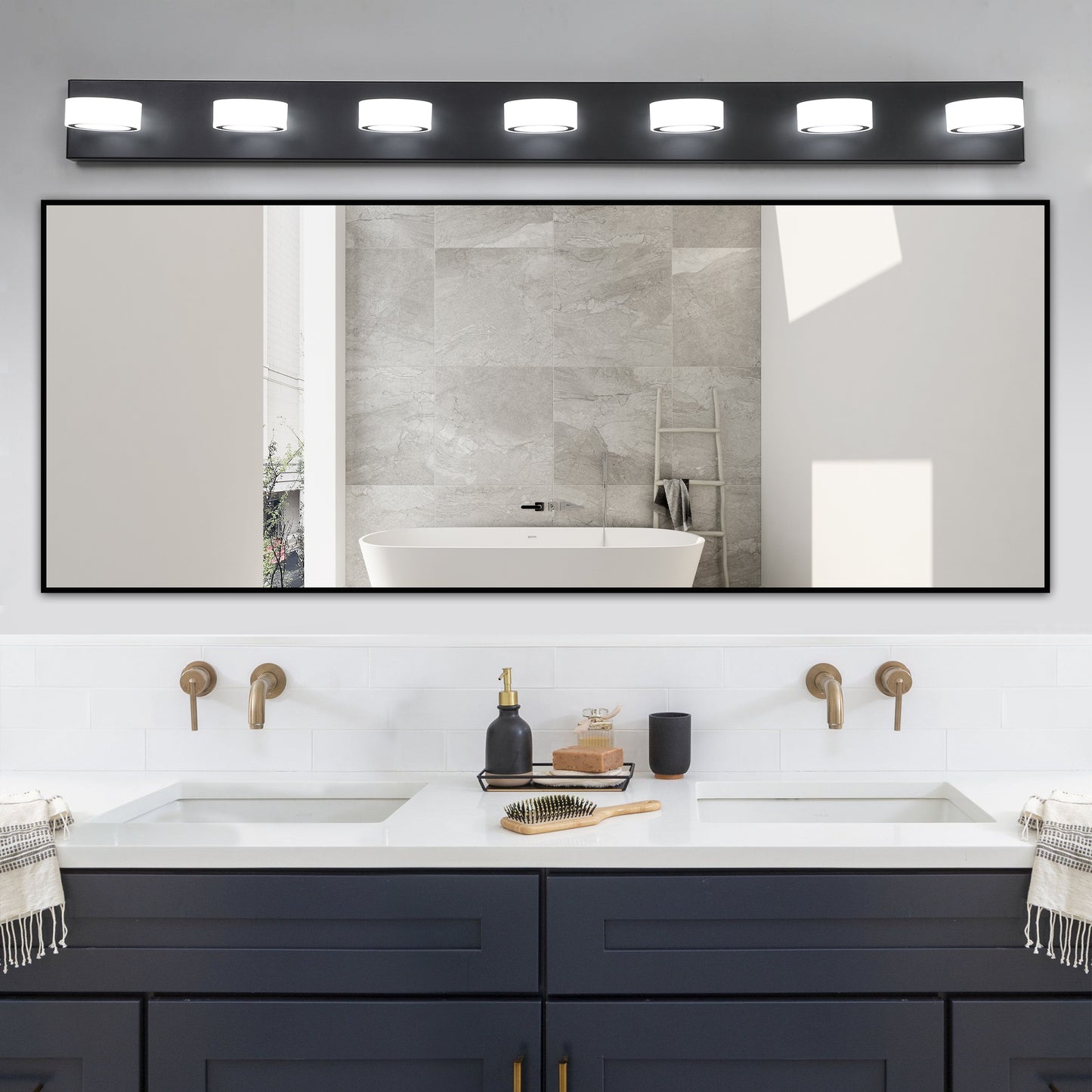 52' Modern 7-Light LED Vanity Light Fixture - Black Iron Finish with Acrylic Shades - Energy-Efficient Bathroom Wall Sconce - Dimmable for Mirror, Shower, and Bathroom Decor