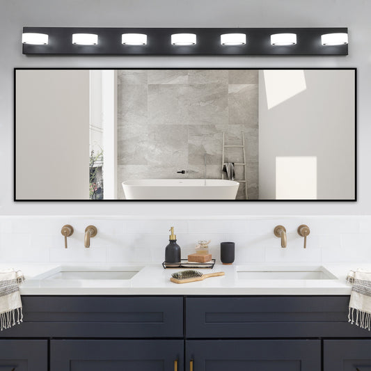 52' Modern 7-Light LED Vanity Light Fixture - Black Iron Finish with Acrylic Shades - Energy-Efficient Bathroom Wall Sconce - Dimmable for Mirror, Shower, and Bathroom Decor