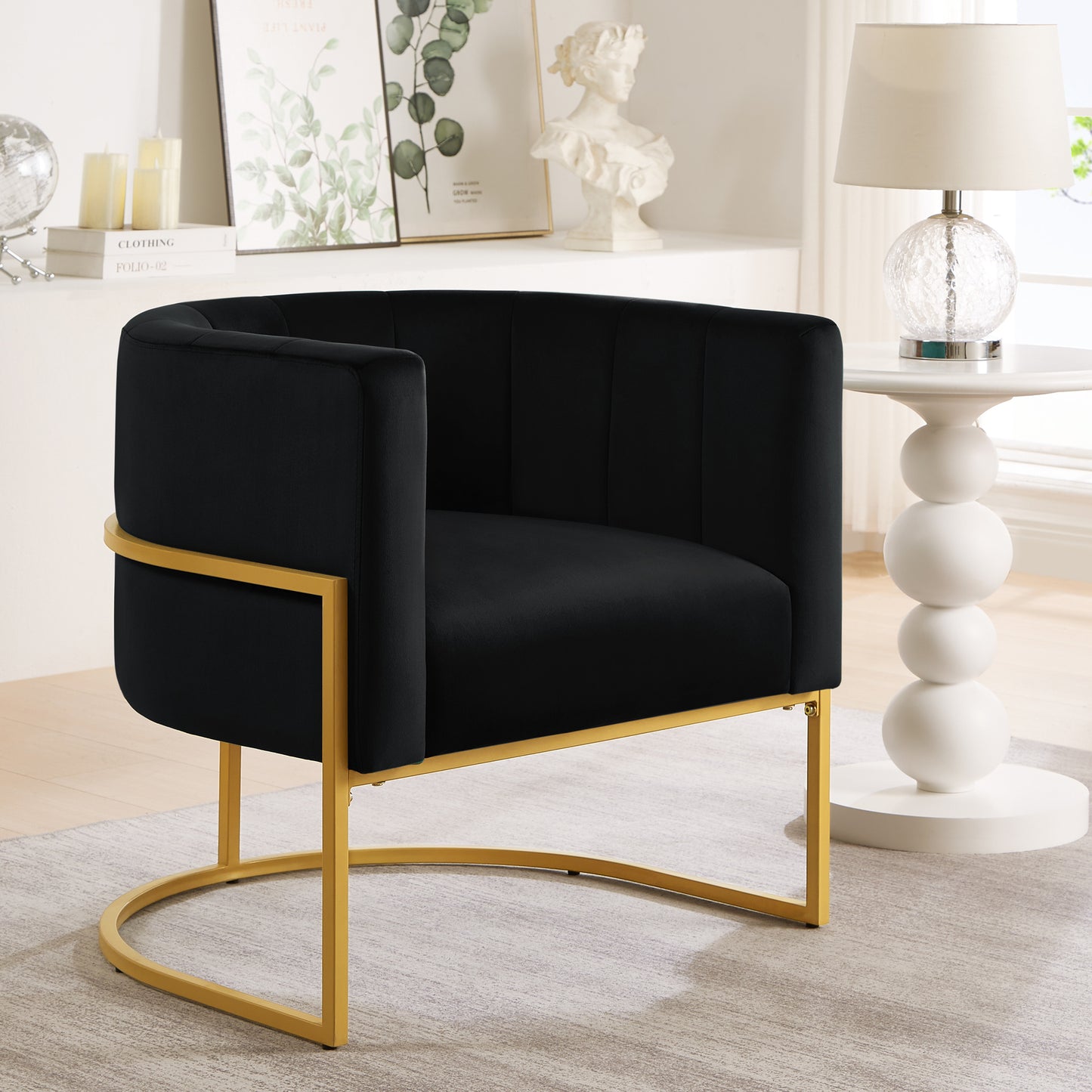 Silla tapizada de terciopelo con soporte de metal dorado, silla de ocio para sala de estar de mediados de siglo con respaldo curvo -Negro