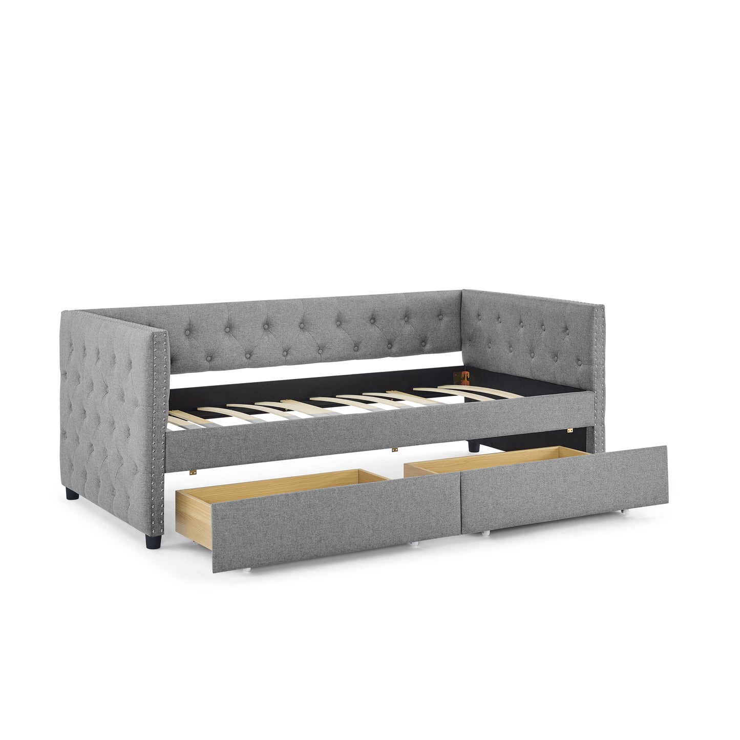 Sofá cama doble tapizado con dos cajones, con botón y clavo de cobre en brazos cuadrados, gris (82.75''x43''x30.75'')