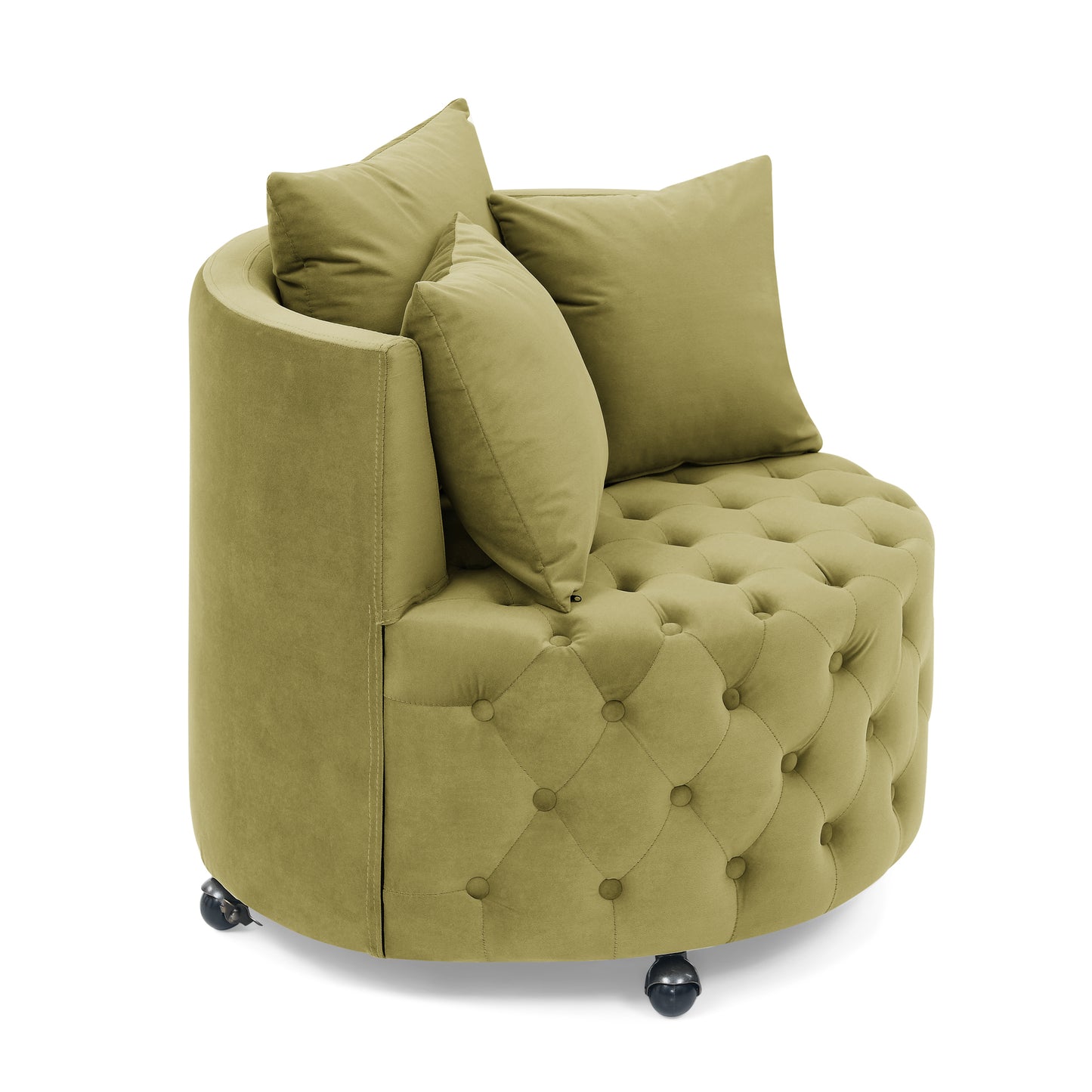 Silla giratoria tapizada en terciopelo para sala de estar, con diseño de botones y ruedas móviles, incluye 3 almohadas, verde caqui