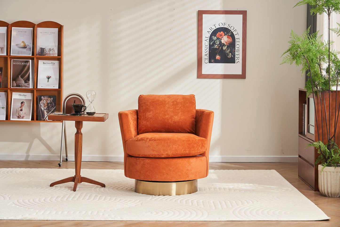 Silla giratoria de terciopelo, sillas giratorias decorativas, sillón para sala de estar, sillas de lectura para dormitorio, cómodas, sillas redondas con base de acero inoxidable dorado (naranja)