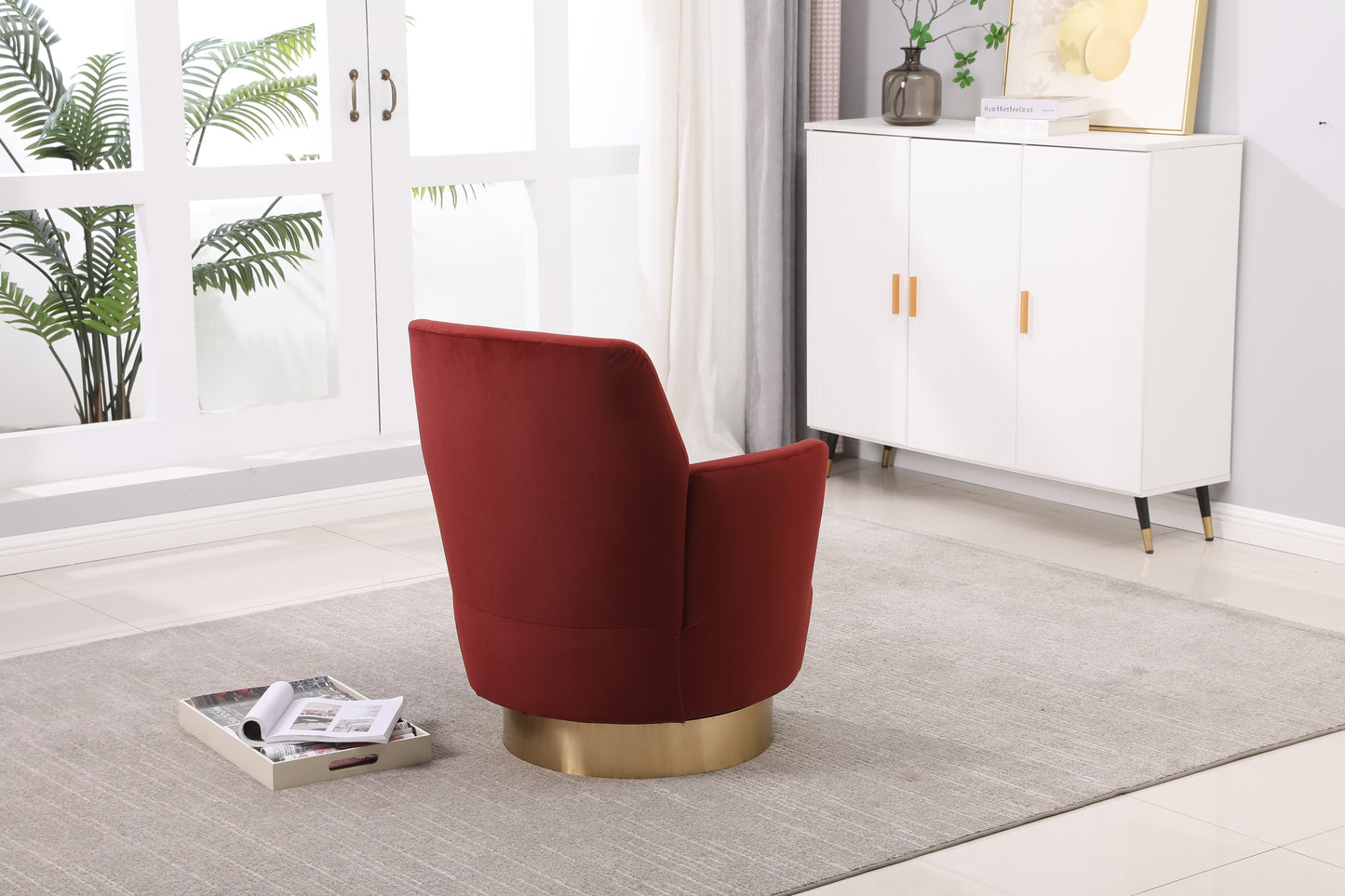 Velvet Swivel Barrel Chair, Swivel Accent Chairs Armchair for Living Room, Reading Chairs for Bedroom Comfy, Round Barrel Chairs with Gold Stainless Steel Base (Brownish red)