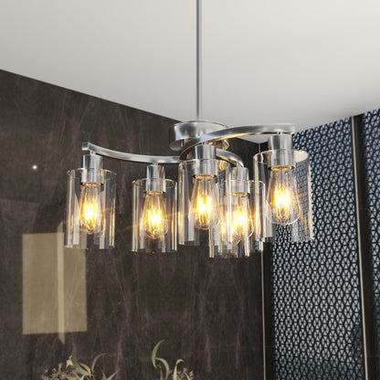 6-Light Brushed Nickel Chandeliers for Dining Room Light Fixtures Over Table, Adjustable Height Hanging Industrial Pendant Lighting for Kitchen Island Bedroom, Clear Glass Shade