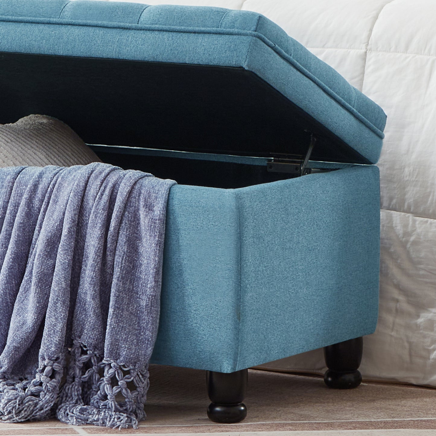 Upholstered tufted button storage bench ,Linen fabric entry bench with spindle wooden legs, Bed bench- Light Blue