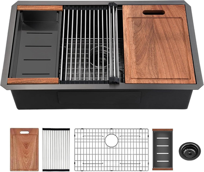 32 Gunmetal Black Undermount Workstation Kitchen Sink-32 x 19 Inch 16 Gauge Stainless Steel Undermount Kitchen Sink, Handmade R10 Radius 10 Inch Deep Undermount Single Bowl Sink with Accessories