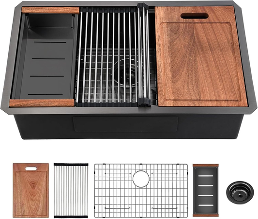 32 Gunmetal Black Undermount Workstation Kitchen Sink-32 x 19 Inch 16 Gauge Stainless Steel Undermount Kitchen Sink, Handmade R10 Radius 10 Inch Deep Undermount Single Bowl Sink with Accessories
