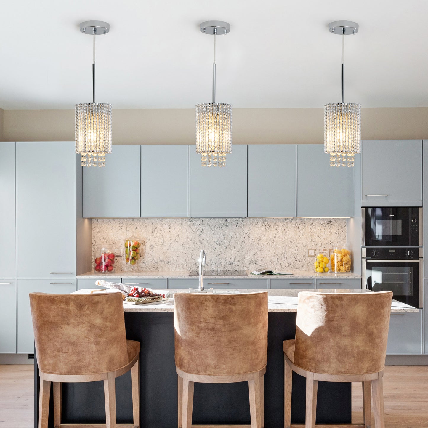 5' Modern Crystal Pendant Light 3-Pack Adjustable Chrome Hanging Ceiling Fixture with Clear Beads, Elegant Design for Kitchen Island, Dining Room, or Living Room (No Bulbs)