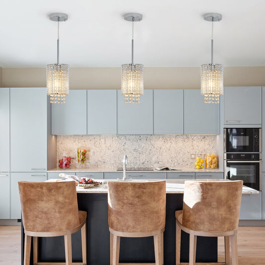 5' Modern Crystal Pendant Light 3-Pack Adjustable Chrome Hanging Ceiling Fixture with Clear Beads, Elegant Design for Kitchen Island, Dining Room, or Living Room (No Bulbs)