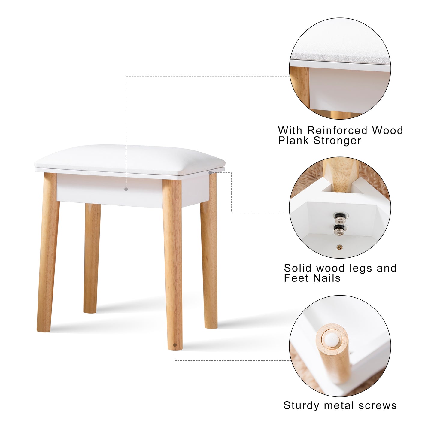 Taburete de tocador de madera, taburete de maquillaje con asiento de PU, blanco