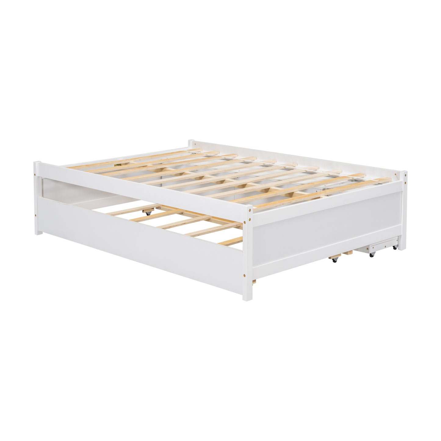 Cama completa versátil con nido, caja de almacenamiento debajo de la cama y mesita de noche. Blanco