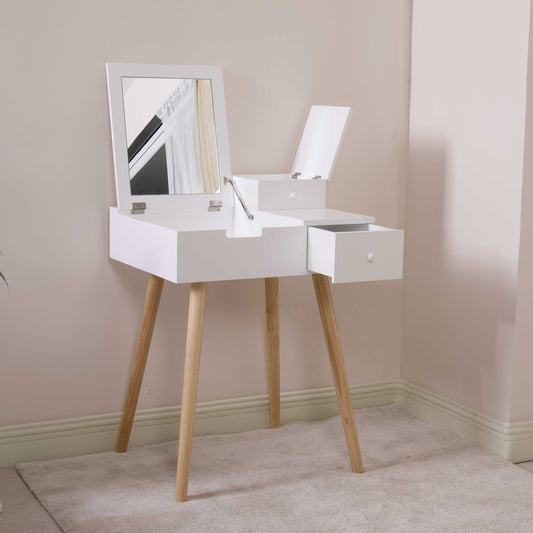 Wooden Vanity Desk Flip-top Dressing Mirror Writing table Computer Desk,White