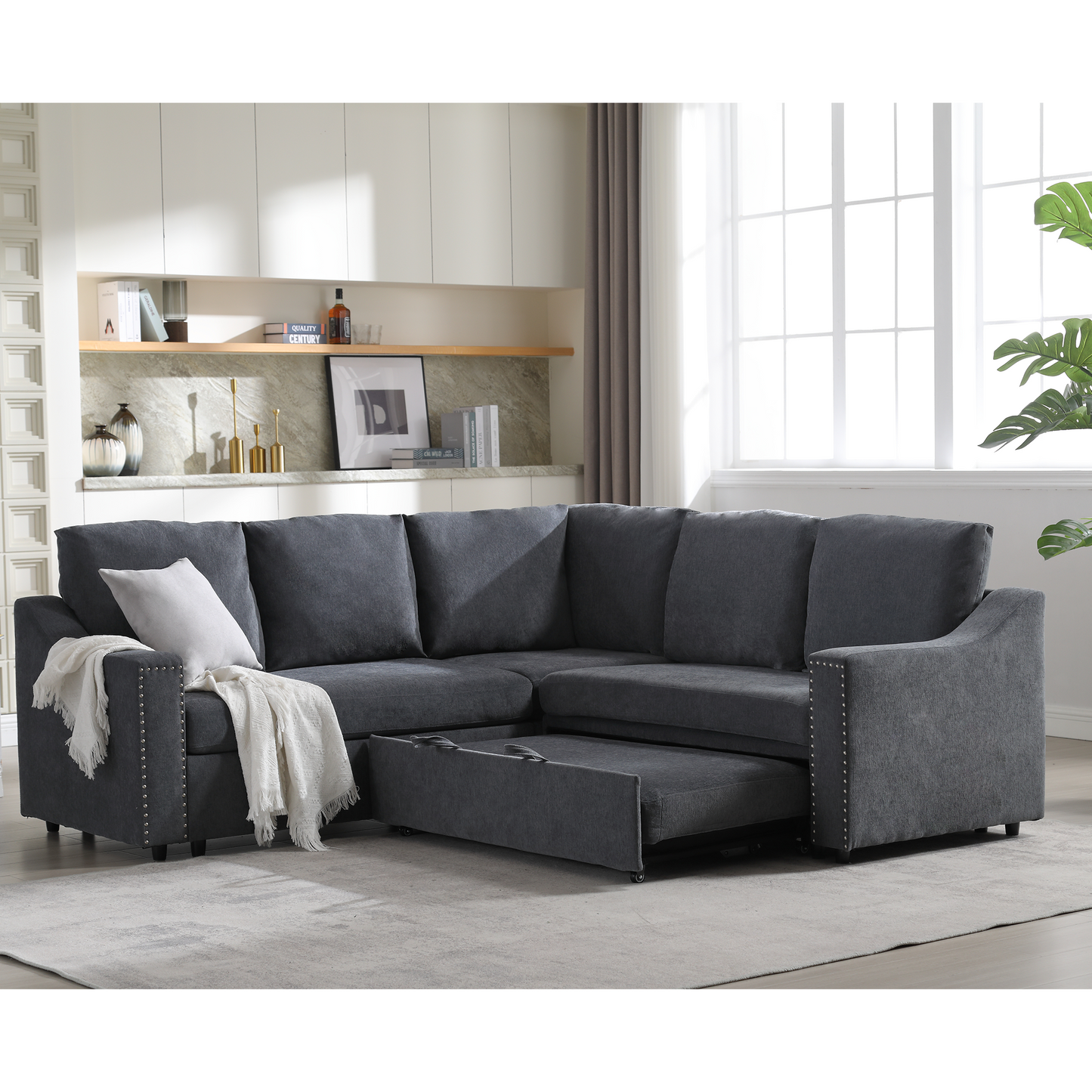 [NEW ARRIVED] [VIDEO PROVIDED]L-shaped sofa with pull-out sofa bed, Corner Sofa,comfortable living room furniture set, sleeper sofa bed,Corner seat for two with broaching sofa,Rivet DeChenille,Gray