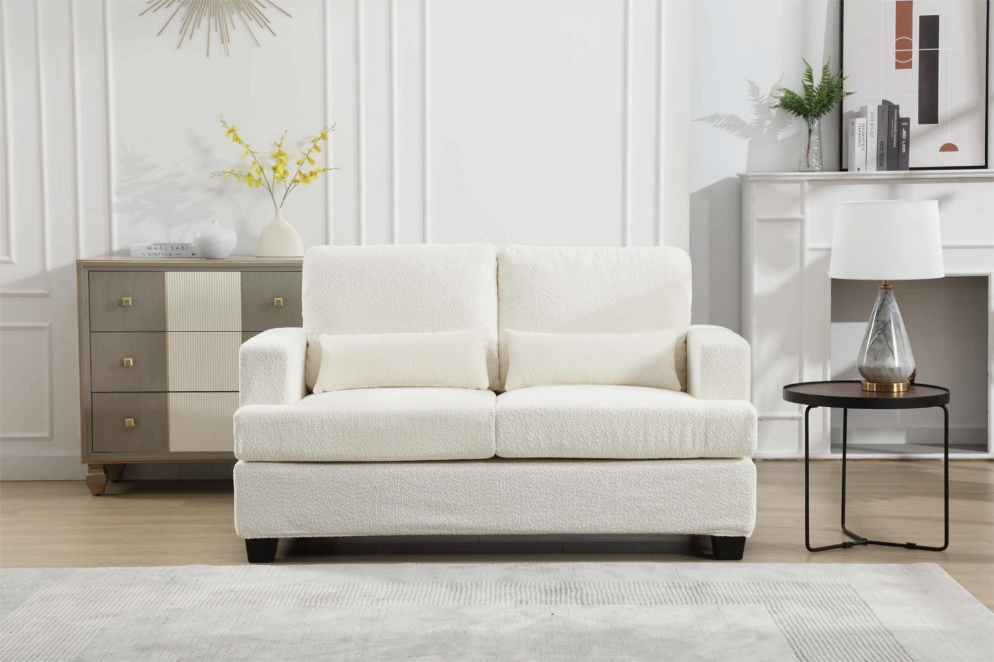 [VIDEO PROVIDED] 63" Length Modern Loveseat for Living Room, Sofas & couches with Square Armrest, Removable back Cushion and 2pcs waist pillow  (White&Gray Fabric)